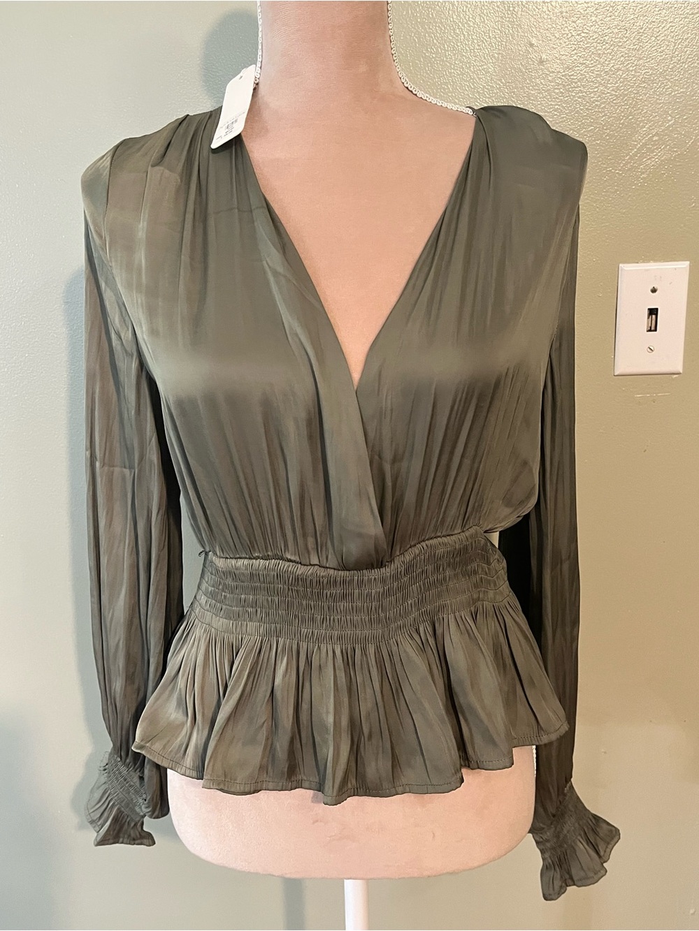 Long-Sleeve Olive Green V-Neck Peplum Blouse By Glam S NWT